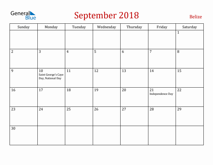 Belize September 2018 Calendar - Sunday Start