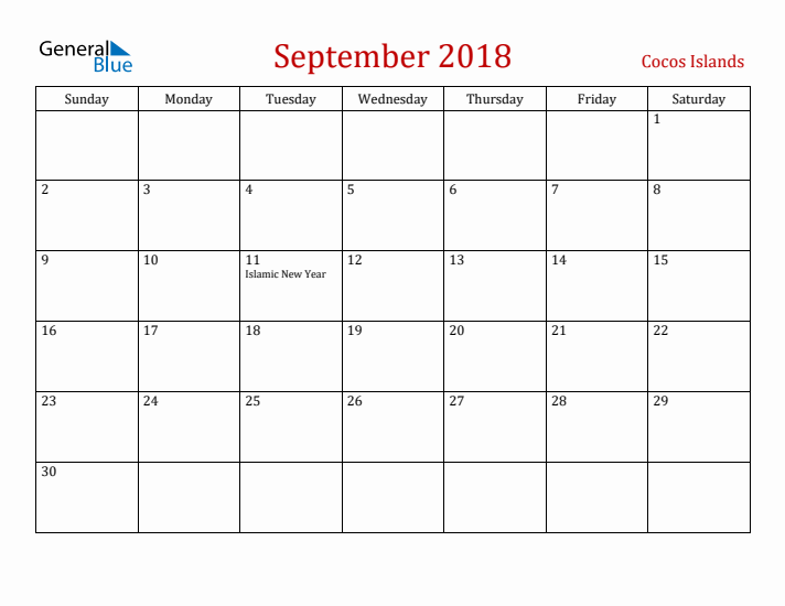 Cocos Islands September 2018 Calendar - Sunday Start