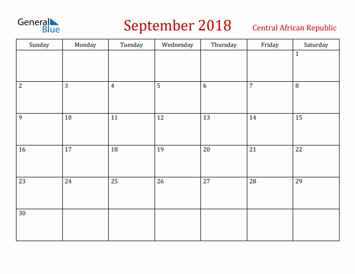 Central African Republic September 2018 Calendar - Sunday Start