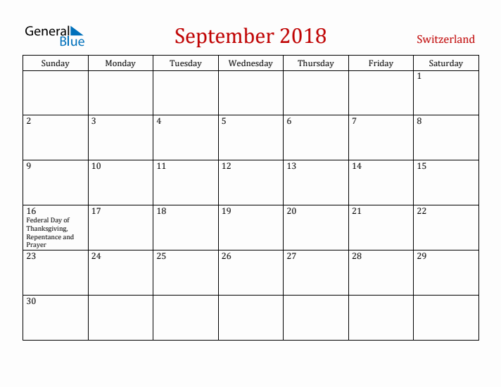 Switzerland September 2018 Calendar - Sunday Start