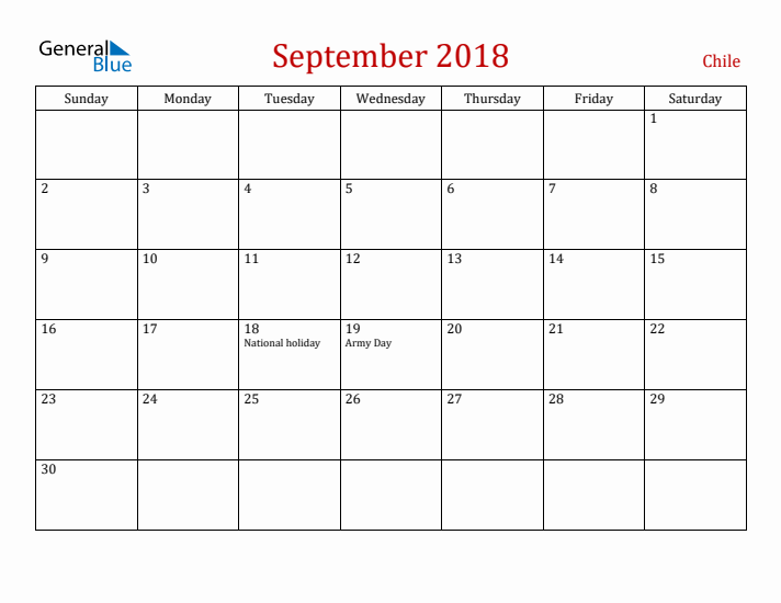 Chile September 2018 Calendar - Sunday Start