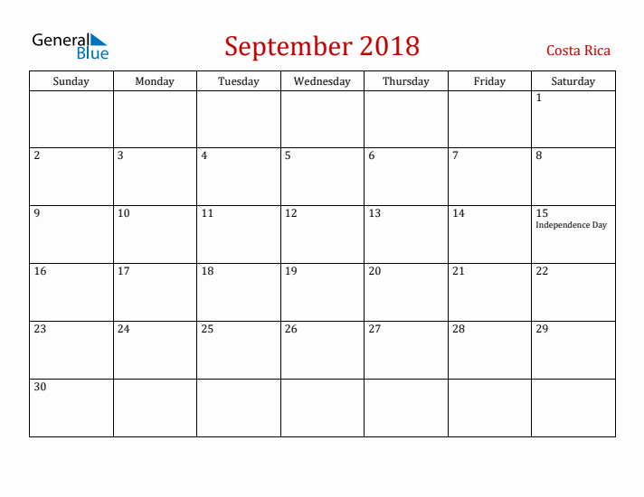 Costa Rica September 2018 Calendar - Sunday Start