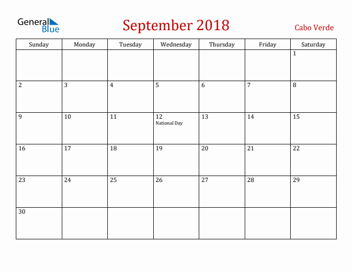Cabo Verde September 2018 Calendar - Sunday Start