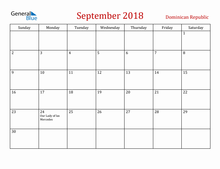 Dominican Republic September 2018 Calendar - Sunday Start