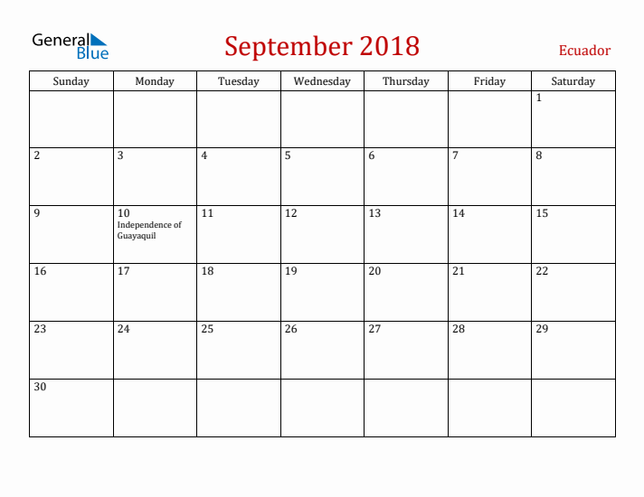 Ecuador September 2018 Calendar - Sunday Start