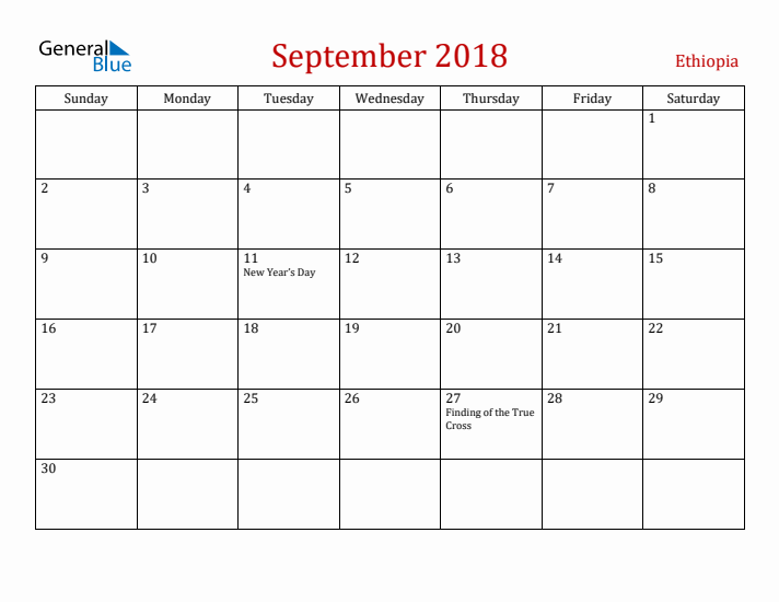 Ethiopia September 2018 Calendar - Sunday Start