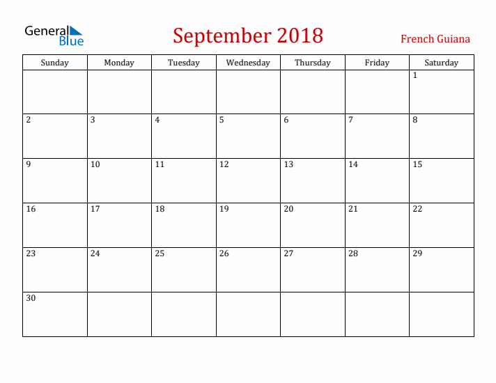 French Guiana September 2018 Calendar - Sunday Start