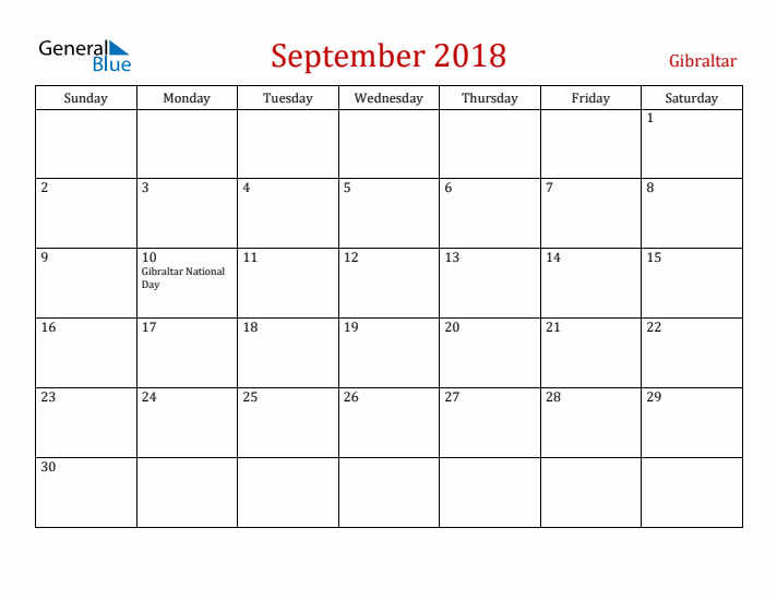 Gibraltar September 2018 Calendar - Sunday Start