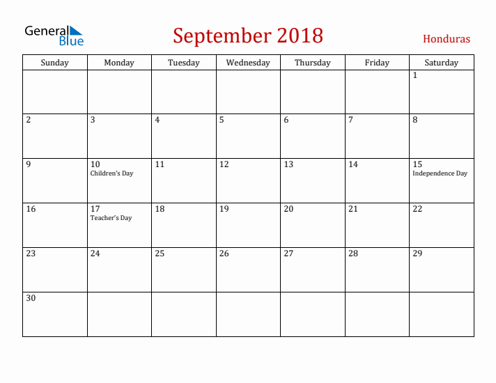 Honduras September 2018 Calendar - Sunday Start