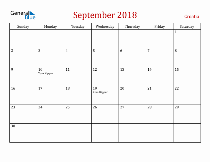 Croatia September 2018 Calendar - Sunday Start