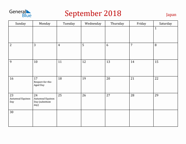 Japan September 2018 Calendar - Sunday Start