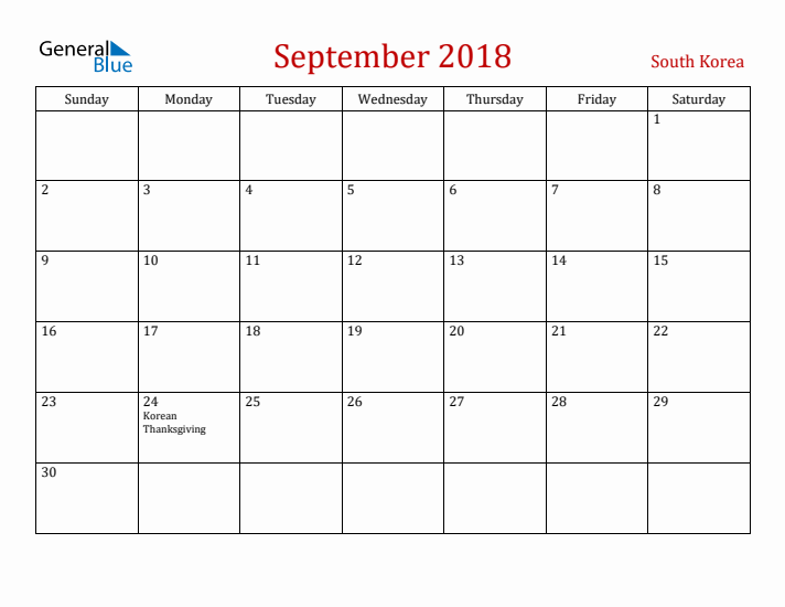 South Korea September 2018 Calendar - Sunday Start