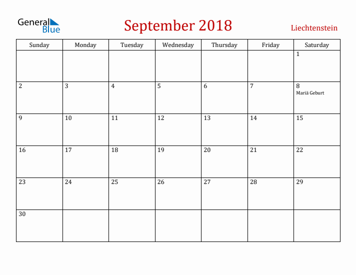 Liechtenstein September 2018 Calendar - Sunday Start