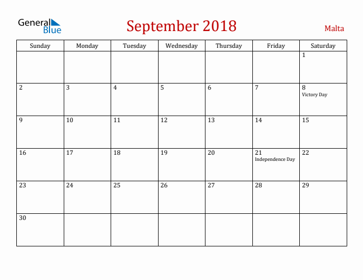 Malta September 2018 Calendar - Sunday Start