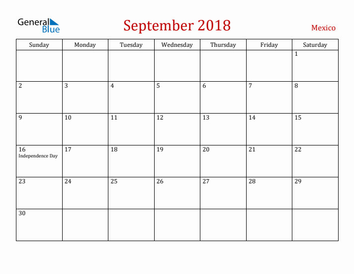 Mexico September 2018 Calendar - Sunday Start
