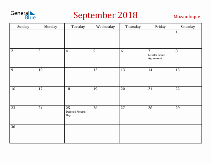 Mozambique September 2018 Calendar - Sunday Start