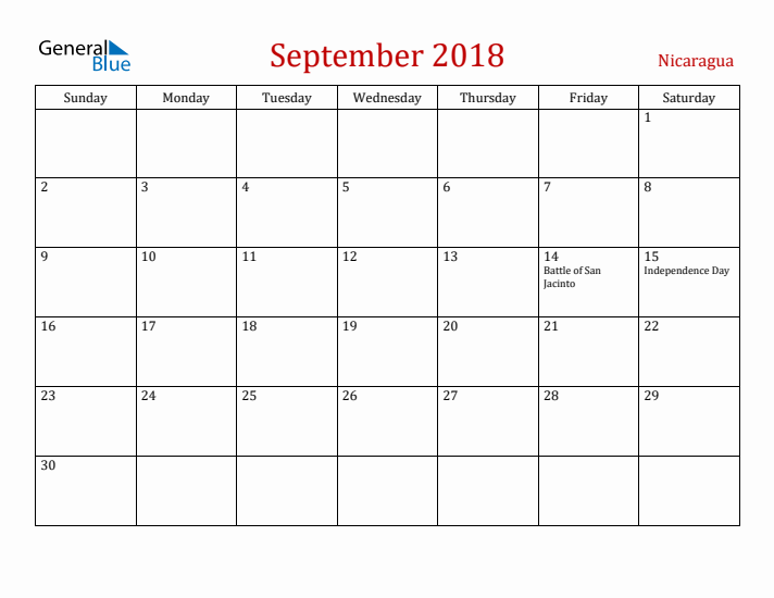 Nicaragua September 2018 Calendar - Sunday Start