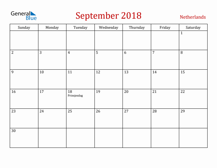 The Netherlands September 2018 Calendar - Sunday Start