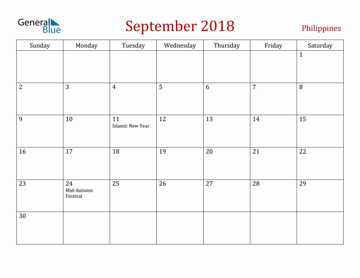 September 2018 Philippines Monthly Calendar with Holidays