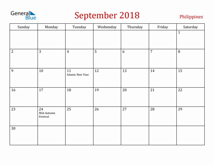 Philippines September 2018 Calendar - Sunday Start