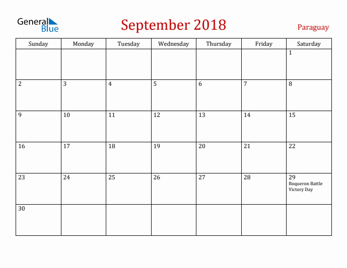 Paraguay September 2018 Calendar - Sunday Start