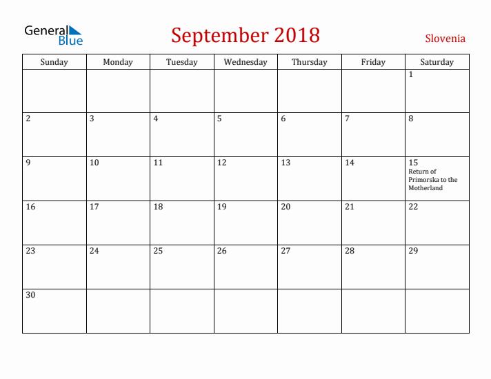 Slovenia September 2018 Calendar - Sunday Start