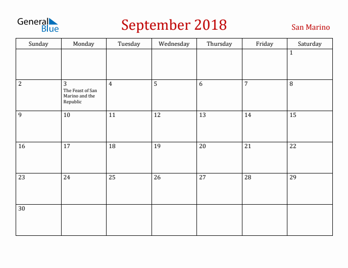 San Marino September 2018 Calendar - Sunday Start
