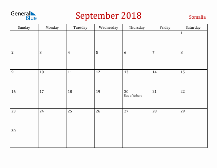 Somalia September 2018 Calendar - Sunday Start