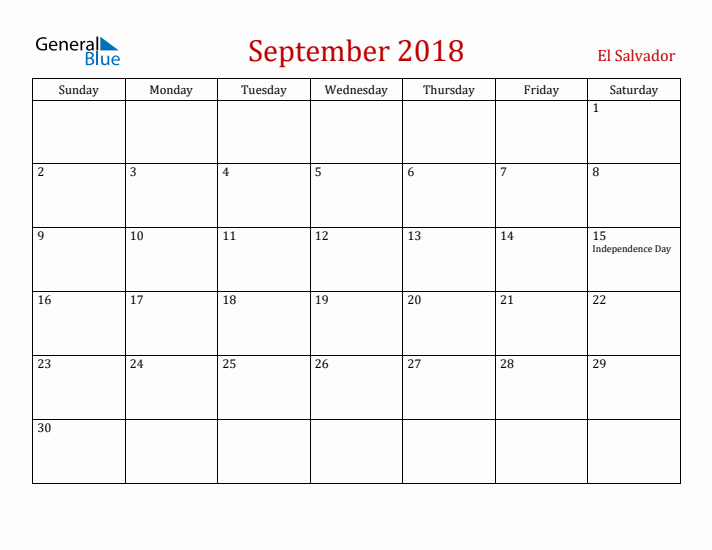 El Salvador September 2018 Calendar - Sunday Start