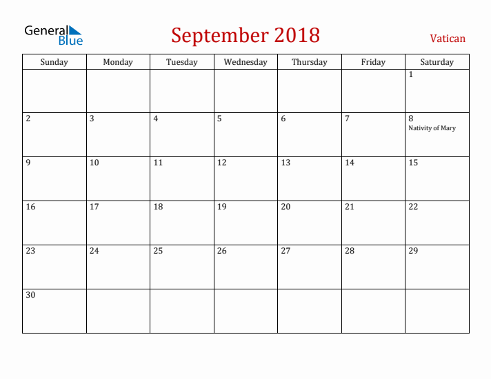 Vatican September 2018 Calendar - Sunday Start