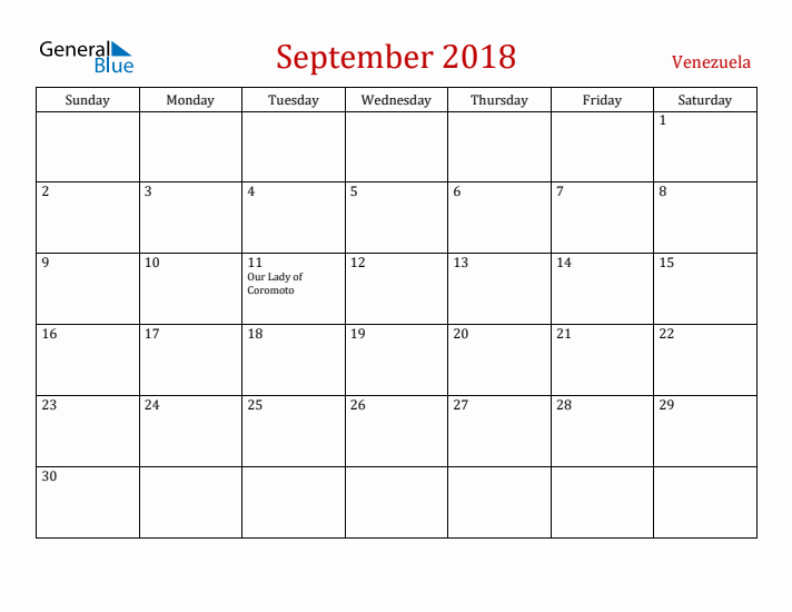 Venezuela September 2018 Calendar - Sunday Start
