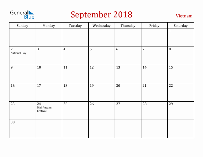 Vietnam September 2018 Calendar - Sunday Start