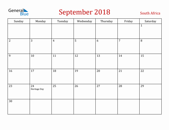 South Africa September 2018 Calendar - Sunday Start