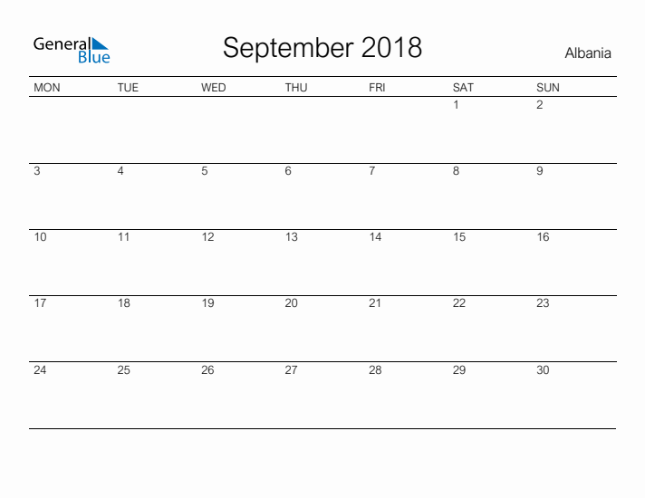 Printable September 2018 Calendar for Albania