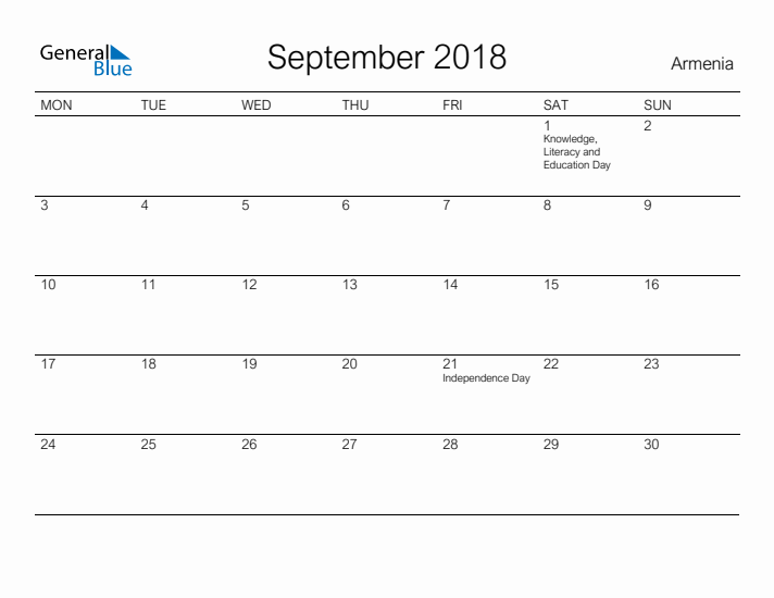 Printable September 2018 Calendar for Armenia