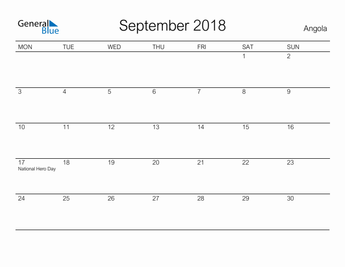 Printable September 2018 Calendar for Angola