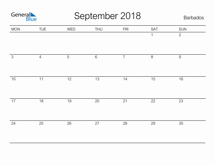 Printable September 2018 Calendar for Barbados