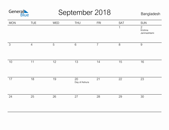 Printable September 2018 Calendar for Bangladesh