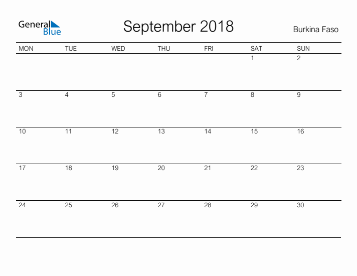 Printable September 2018 Calendar for Burkina Faso