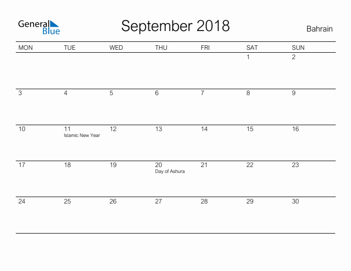 Printable September 2018 Calendar for Bahrain