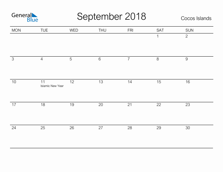 Printable September 2018 Calendar for Cocos Islands