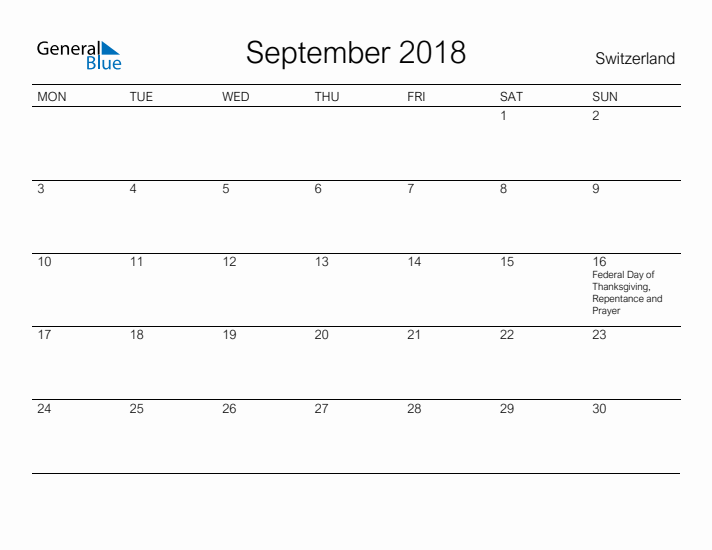 Printable September 2018 Calendar for Switzerland