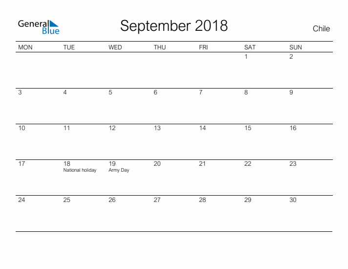 Printable September 2018 Calendar for Chile
