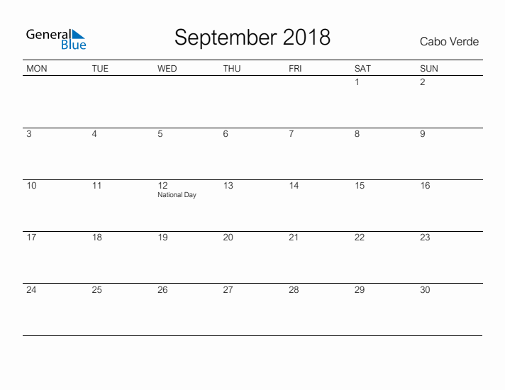 Printable September 2018 Calendar for Cabo Verde