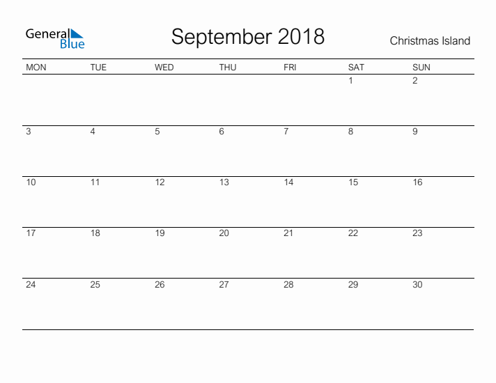 Printable September 2018 Calendar for Christmas Island
