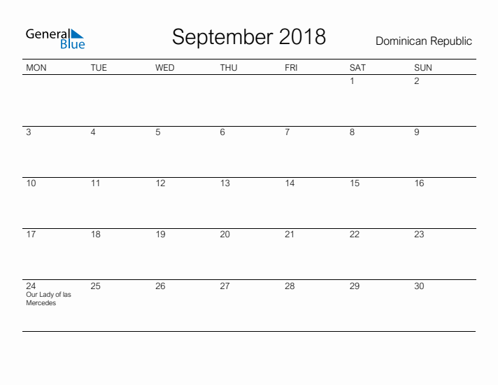 Printable September 2018 Calendar for Dominican Republic