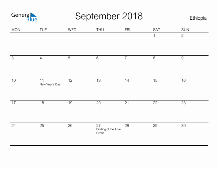 Printable September 2018 Calendar for Ethiopia