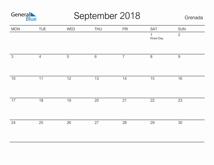 Printable September 2018 Calendar for Grenada