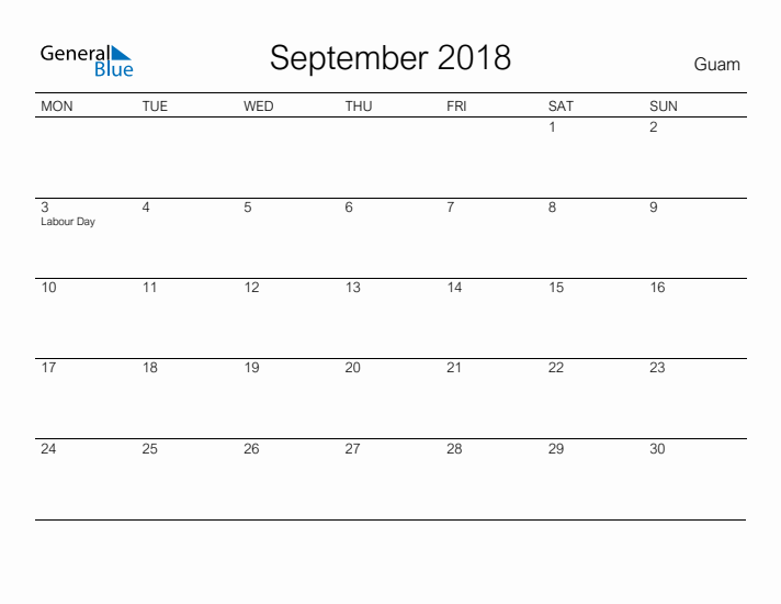 Printable September 2018 Calendar for Guam