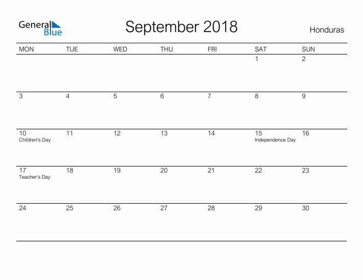 Printable September 2018 Calendar for Honduras